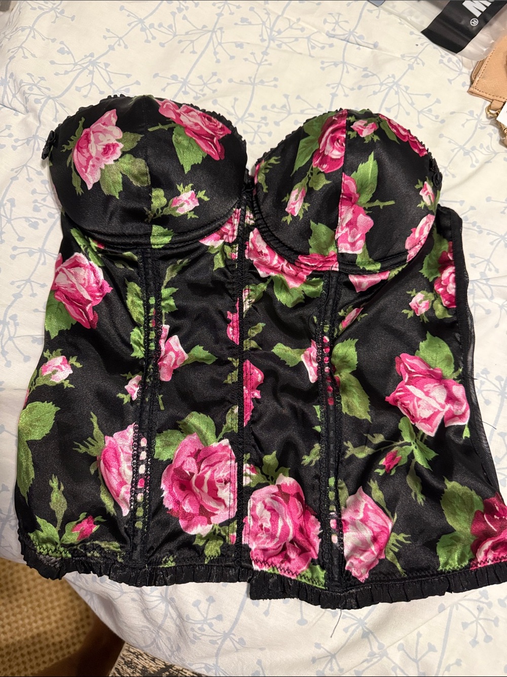 smart & sexy Black Strapless Floral Bustier with Pink Roses